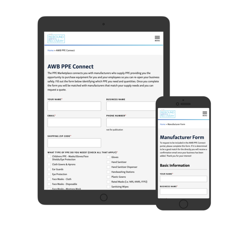 Tablet and mobile phone showing Association of Washington Business website contact form.
