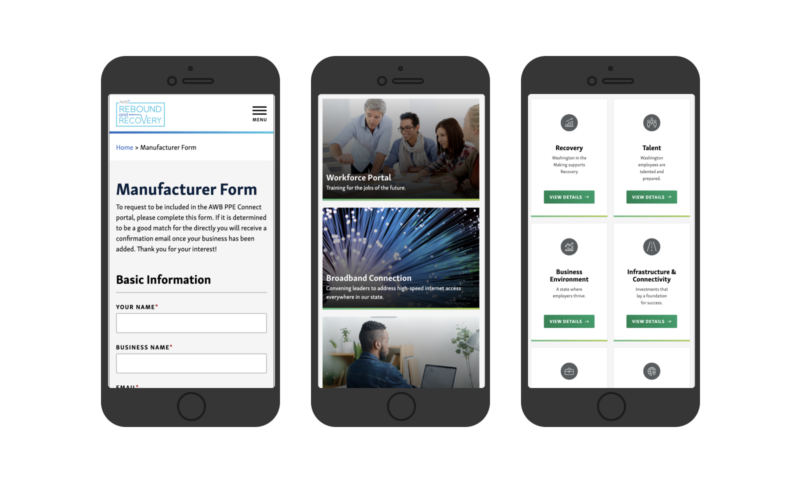 Mobile phone screenshots of Association of Washington Business Institute website.