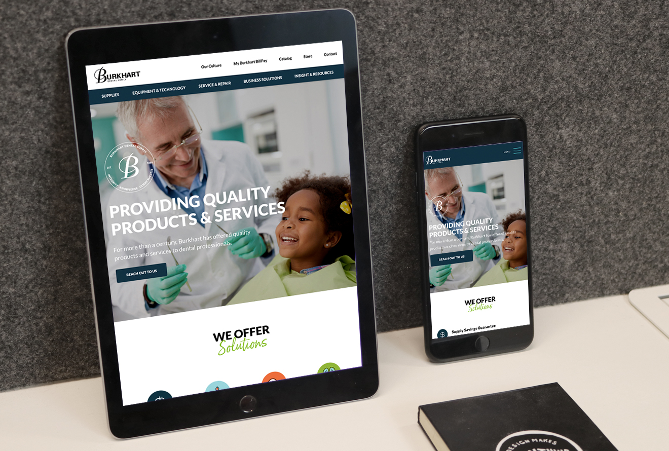 Tablet and mobile phone showing the Burkhart website.