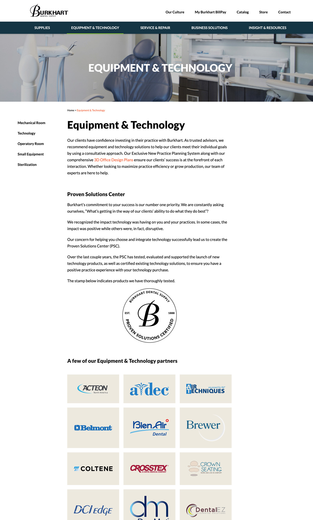 Screenshots of the Burkhart website equipment and technology page.