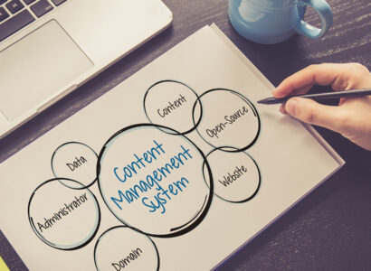 Diagram showing the different parts of a content management system. Data, administrator, domain, content, open-source and website.