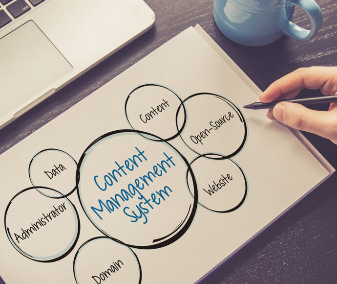Diagram showing the different parts of a content management system. Data, administrator, domain, content, open-source and website.