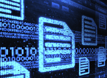 Code and document icons against a black computer screen