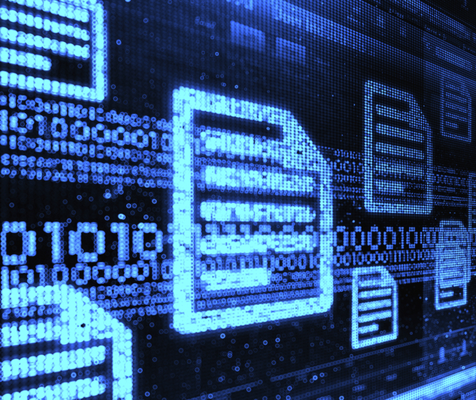 Code and document icons against a black computer screen