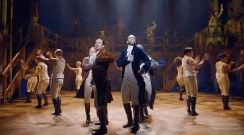 Animated gif of three Hamilton musical cast members posing.