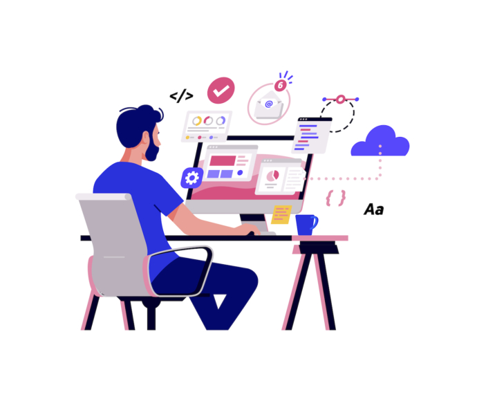 Illustration of a man working at his computer.