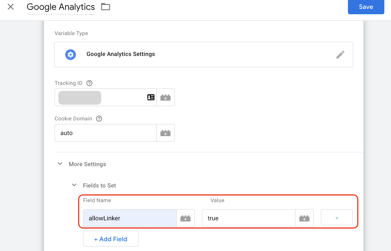 Cross-Domain tracking variable settings.