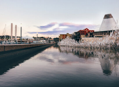 Downtown Tacoma from the Foss waterway with views of the glass museum and Tacoma dome