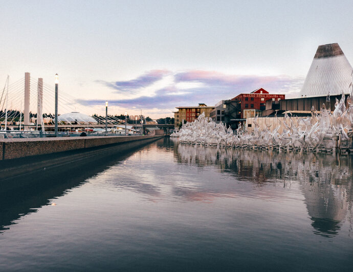 Downtown Tacoma from the Foss waterway with views of the glass museum and Tacoma dome