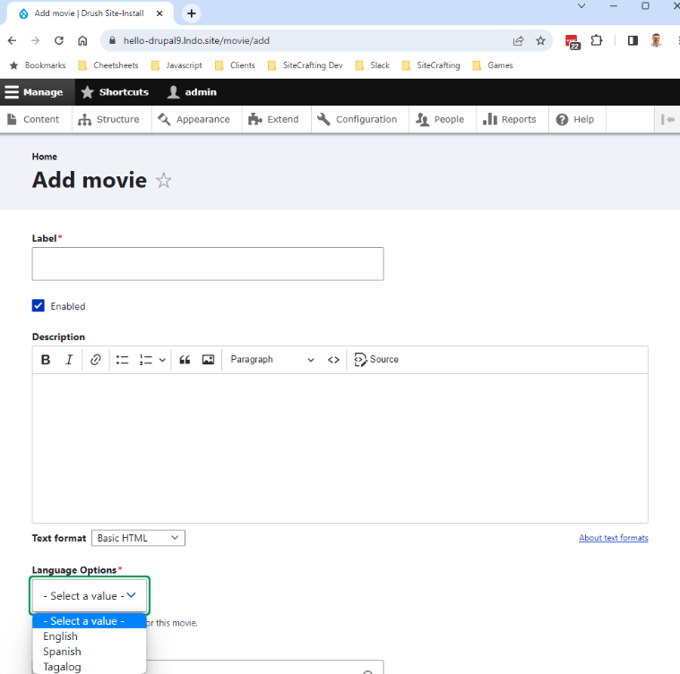 form with a language drop-down field with listed languages