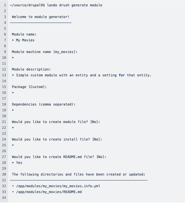 drush commands to create a custom module and entity