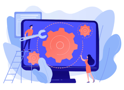Illustration of a purple computer screen with coral colored gears on it.