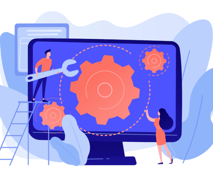 Illustration of a purple computer screen with coral colored gears on it.