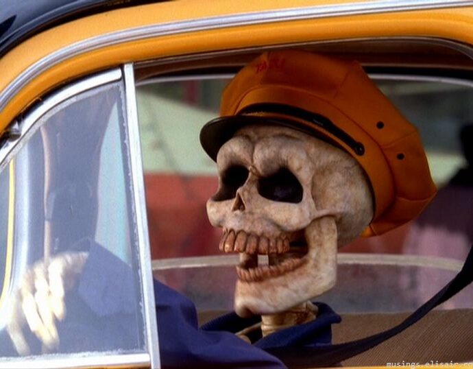 A skeleton driving a taxi cab.