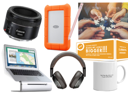 Collage with external hard drive, coffee mug, headphones, notebook, laptop stand and camera lens.