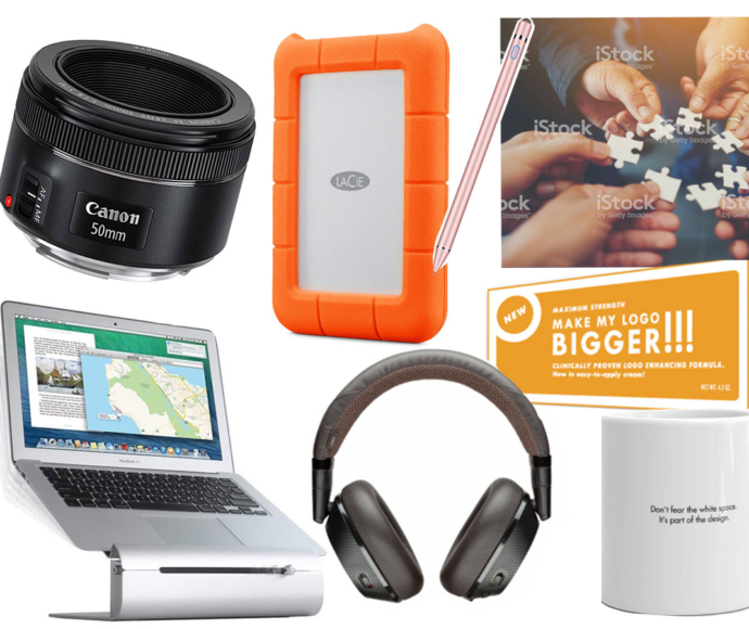 Collage with external hard drive, coffee mug, headphones, notebook, laptop stand and camera lens.