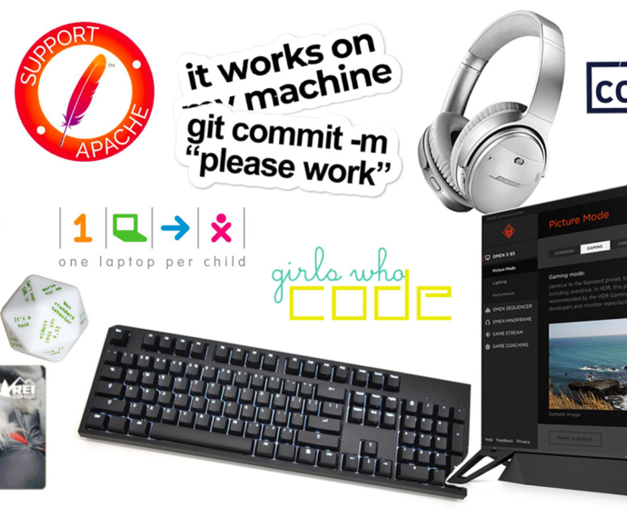 Collage with Headphones, keyboard, codecademy logo, Steam logo, REI advertisement.