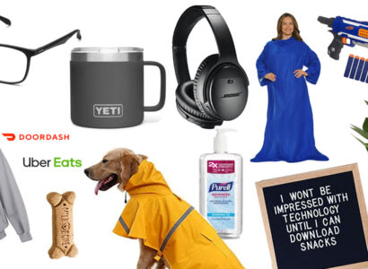 Collage with glasses, sweatshirt, headphones, dog rain jacket, hand sanitizer, a plant and a nerf gun.