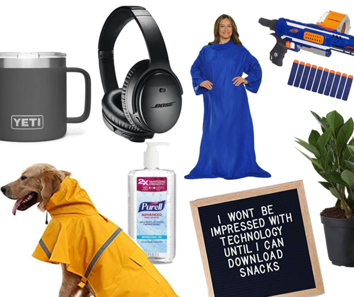 Collage with glasses, sweatshirt, headphones, dog rain jacket, hand sanitizer, a plant and a nerf gun.