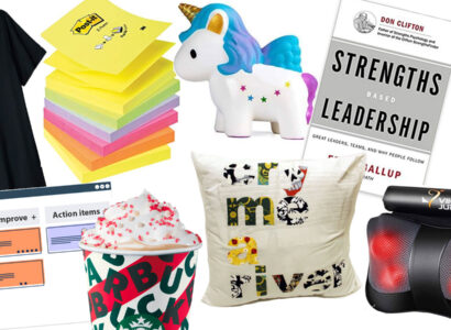 Collage with starbucks coffee, candy, pillows, book, post-it notes and a unicorn.