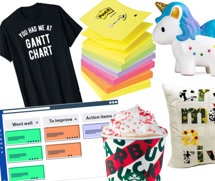 Collage with starbucks coffee, candy, pillows, book, post-it notes and a unicorn.