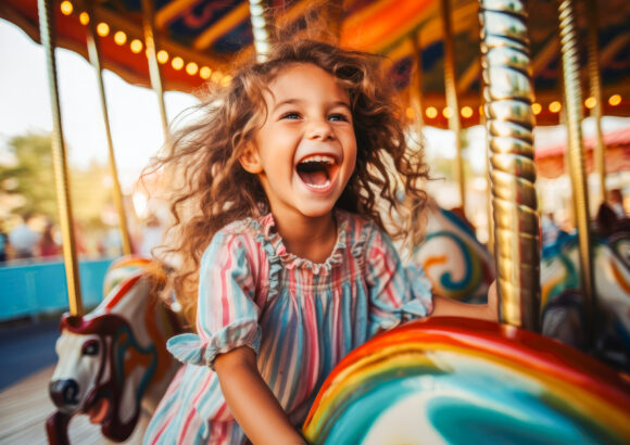 Young girl with curly hair laughing while riding a carousel