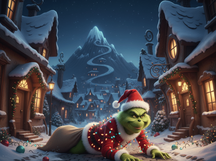 The Grinch slithering through the street in a snow covered town.