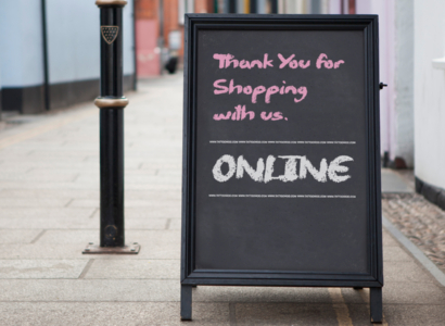 Sandwich board sign that reads: thank you for shopping with us online.