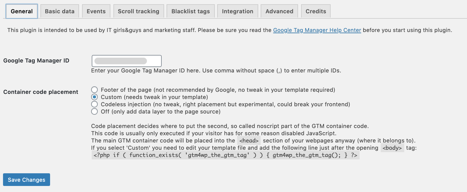 Screenshot of Google Analytics dashboard tag manager settings for installing GTM in WordPress.
