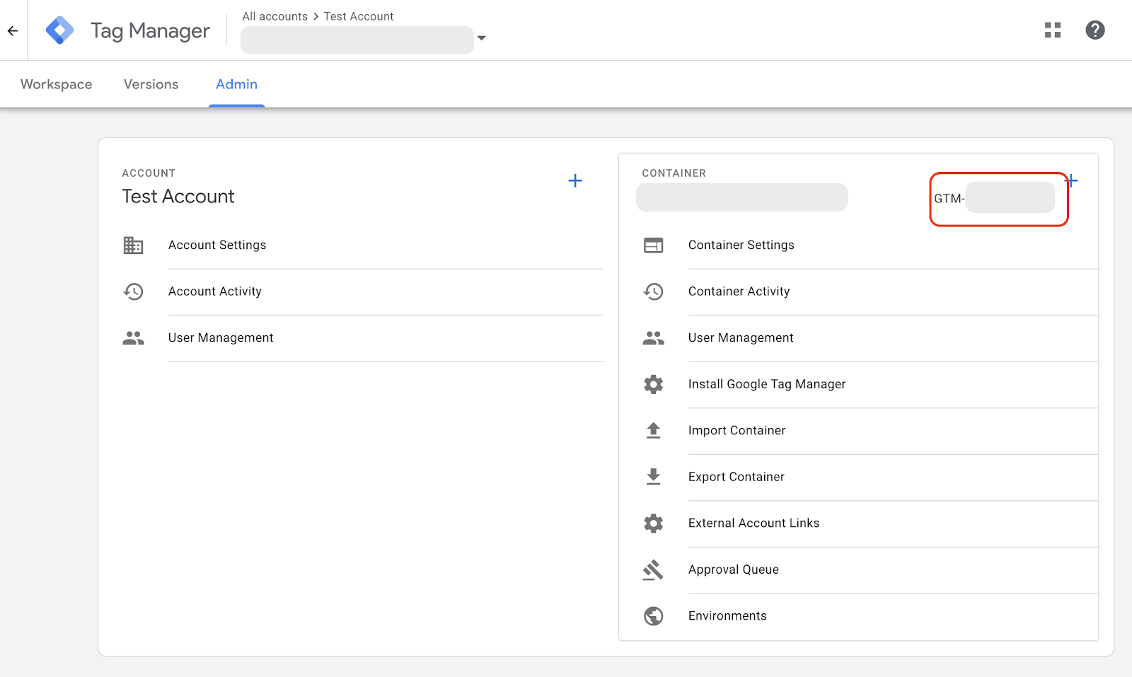 Screenshot of where to find GTM ID in Google Analytics dashboard.