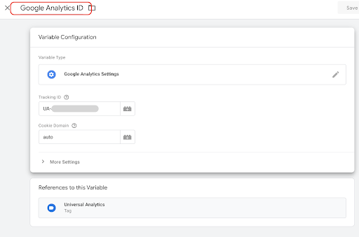 Screenshot of Google Analytics dashboard for editing a variable name.