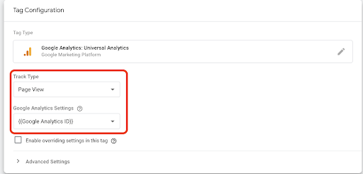 Screenshot of Google Analytics dashboard for tag configuration.