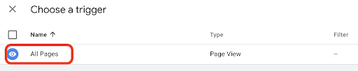 Screenshot of Google Analytics dashboard for choosing a trigger.