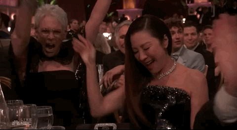Jamie Lee Curtis cheering for Michelle Yeoh at the 2023 Golden Globes