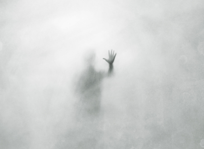 Creepy abstract concept illustration of mysterious man behind glass surface.