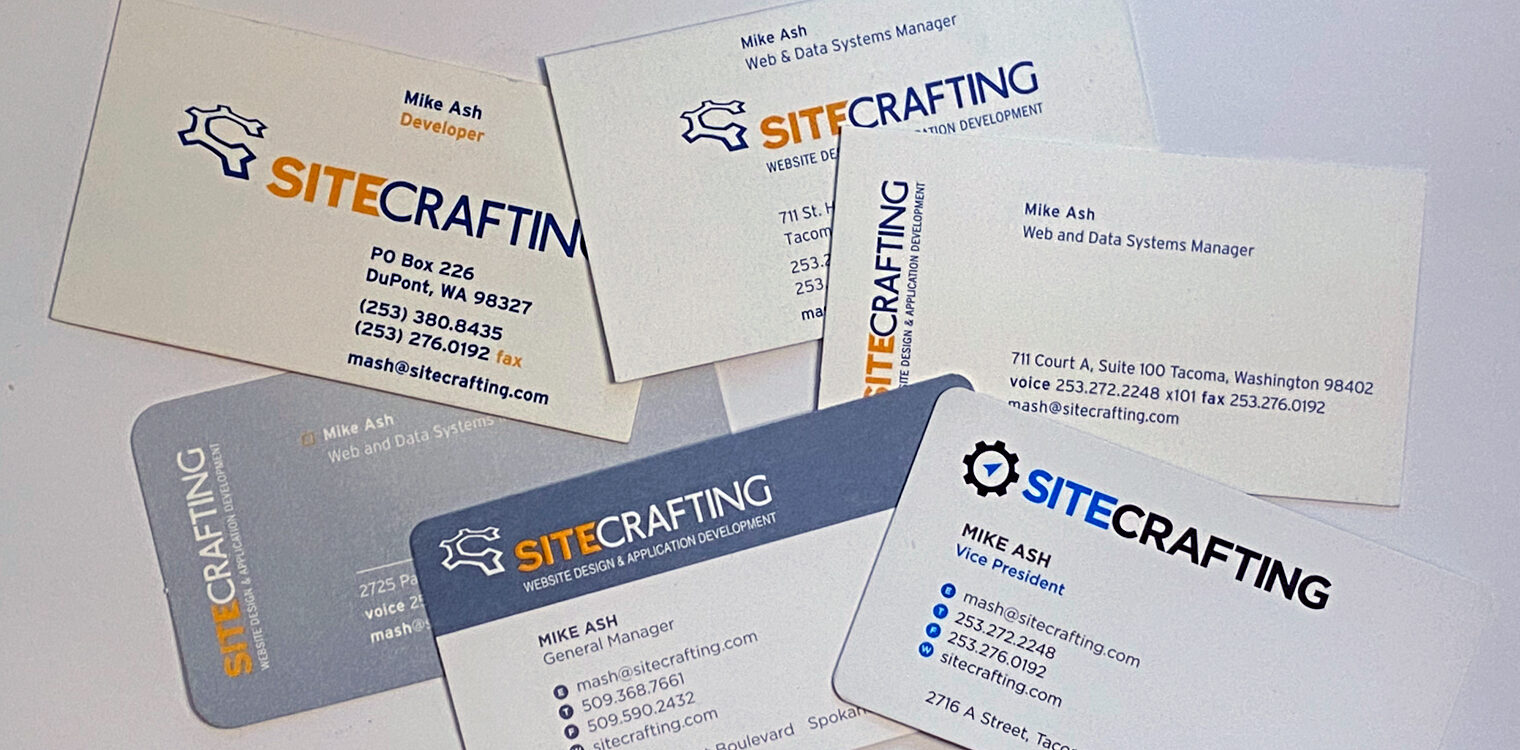 Mike Ash's business cards from 20years of working at SiteCrafting
