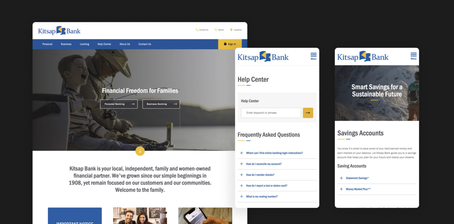 Screenshots of the main Kitsap Bank website.