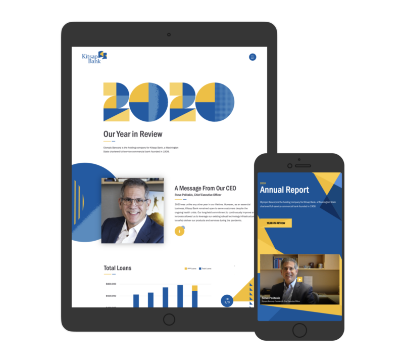 Tablet and mobile phone screenshots of the 2020 Kitsap Bank annual report website.