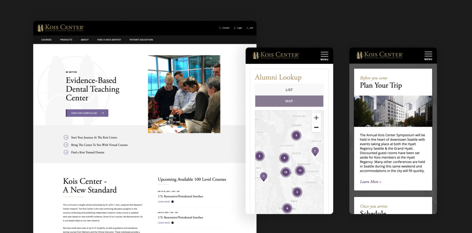 Screenshots of the main Kois Center website.