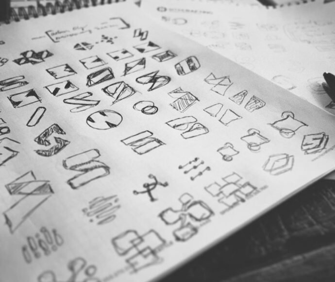Sketch pad with a grid of hand drawn logo ideas.