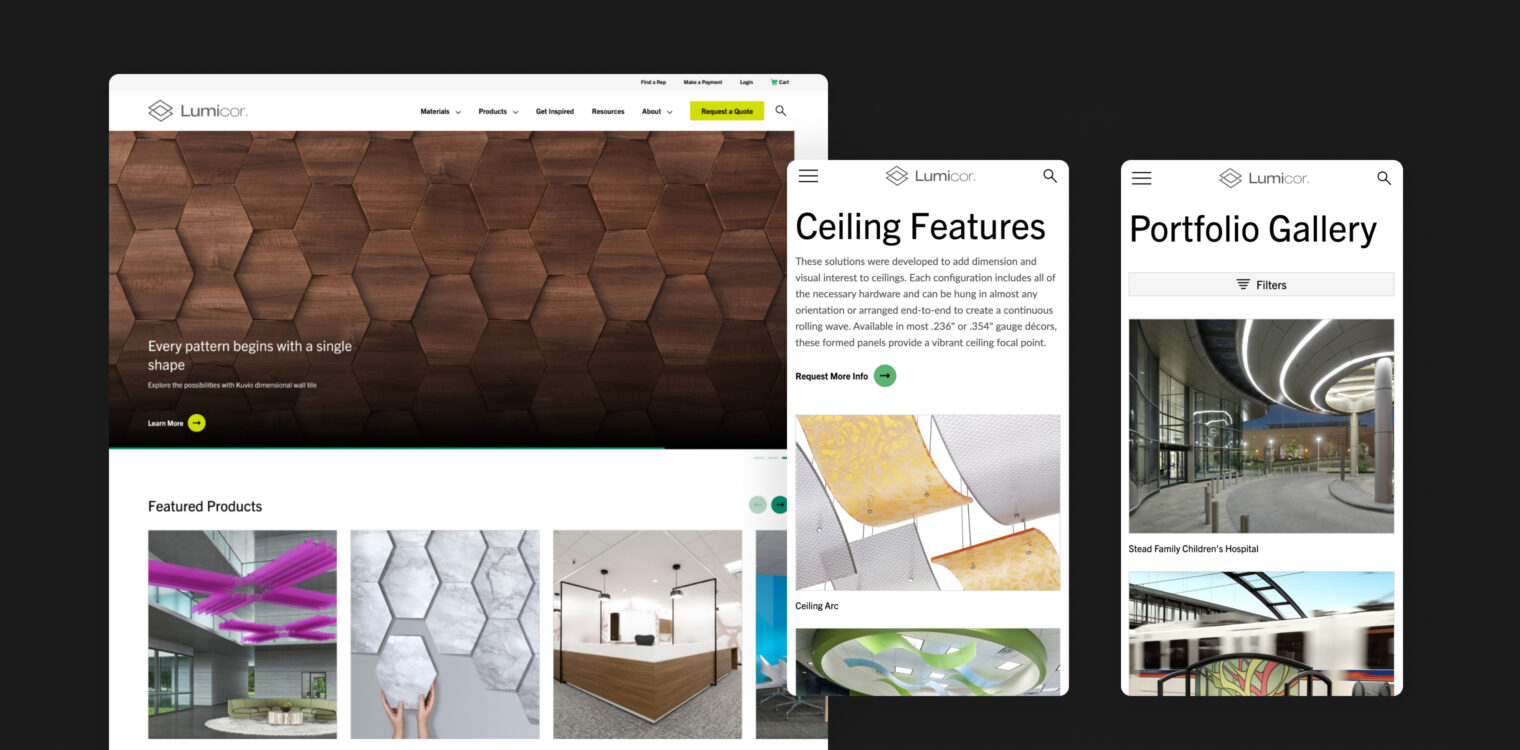 Lumicor website screenshots in desktop and phone view.
