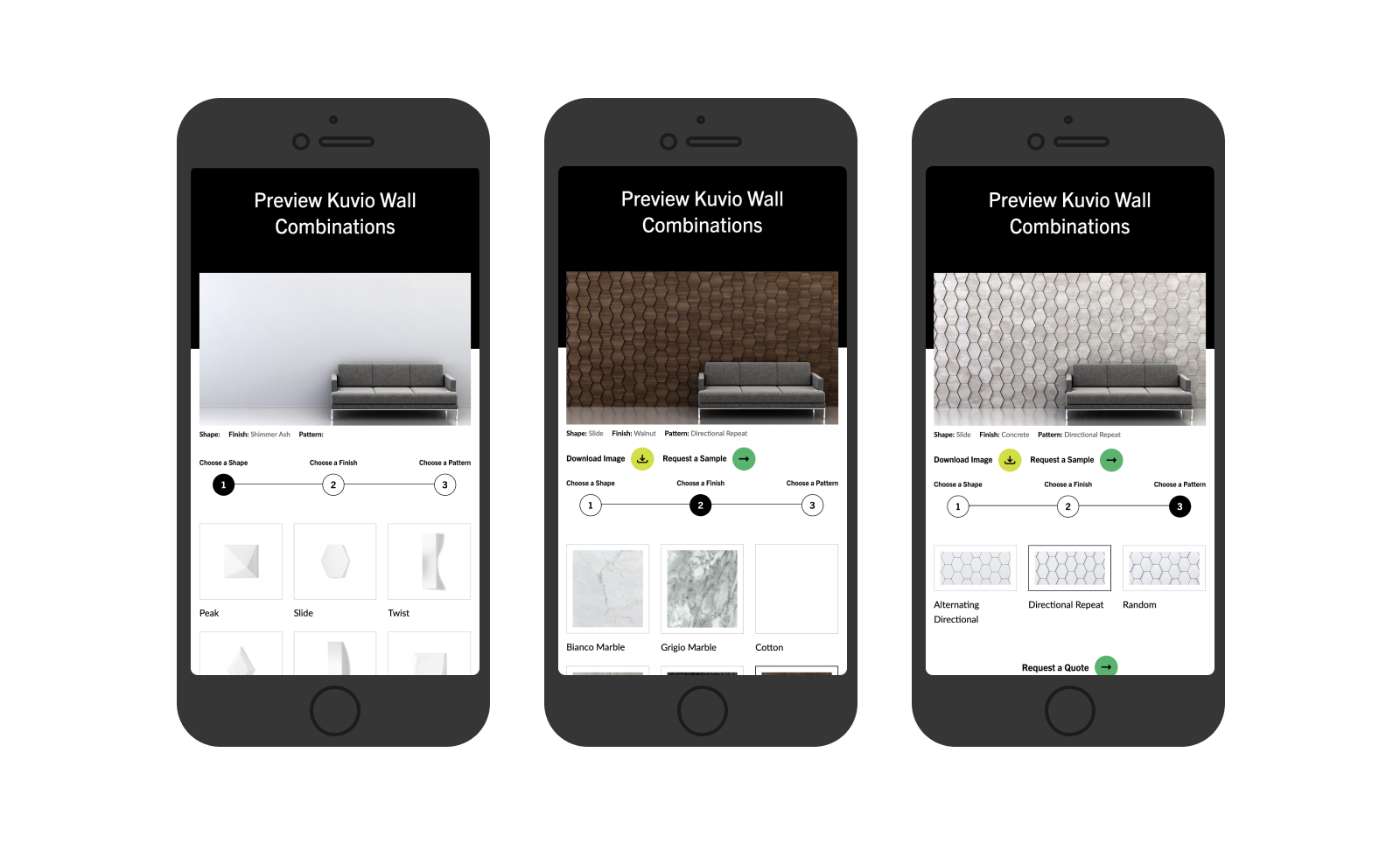 Lumicor kuvio mobile screenshots on three mobile phones.