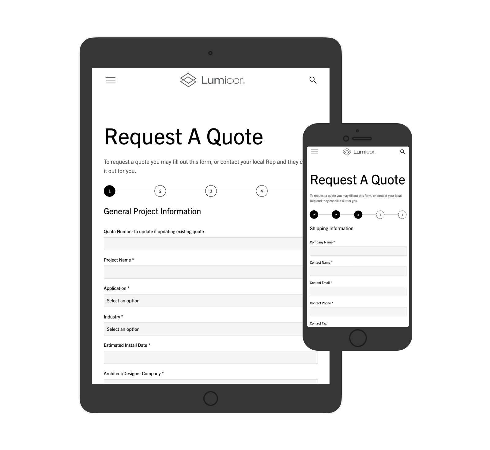 Lumicor website request a quote screenshot on a desktop and phone view.