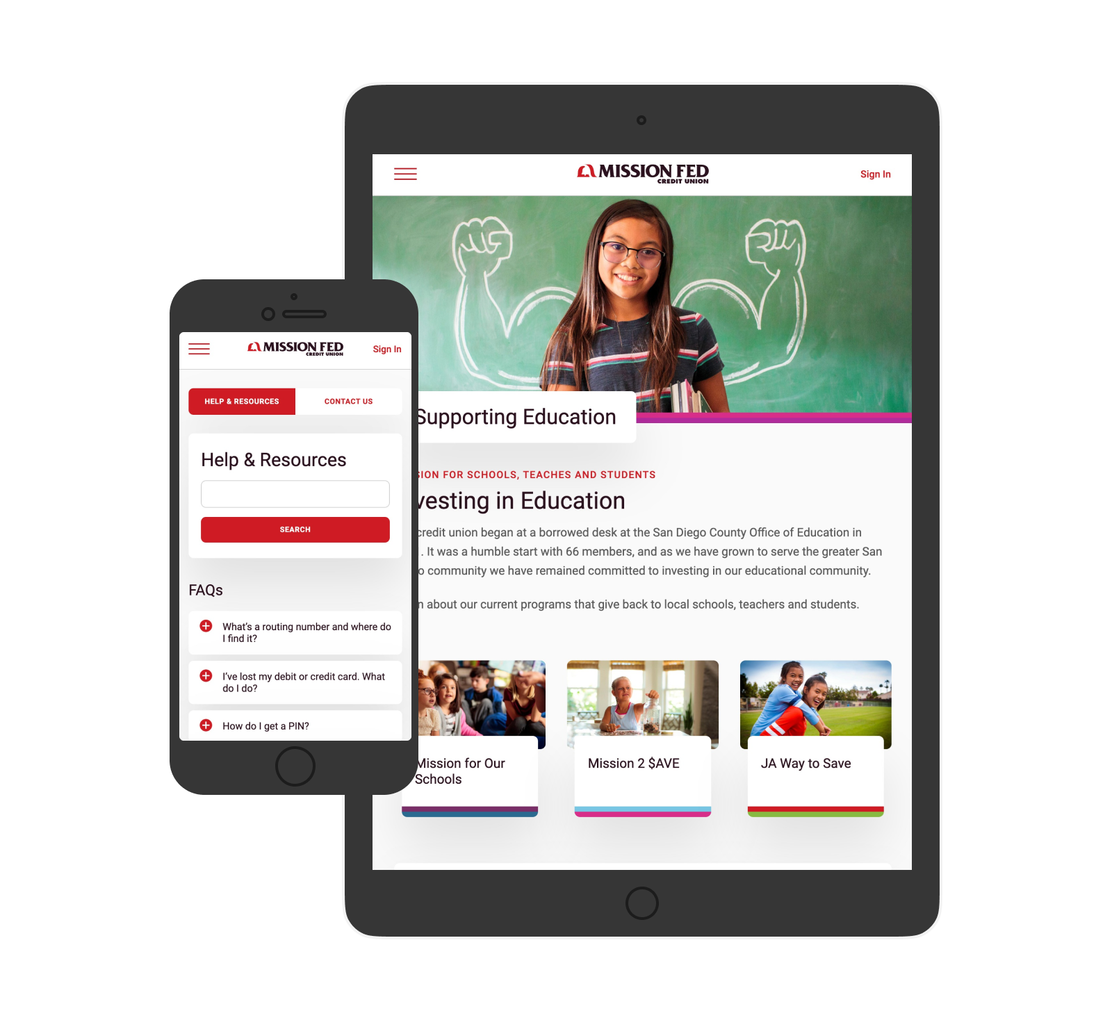 Mission Fed website layout screenshots on a phone and tablet