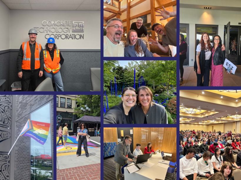 Collage of photos from this year. Top right Jen and Glen at Concrete Tech, bottom right Puyallup Tribe pride flag and Jen on Pride crosswalk, Middle top SiteCrafting team members being goofy, center photo Megan and Jenny, bottom middle Ken at Skills USA. Right top Tiffany at Rebuilding Hope Soiree, Right Bottom Skills USA.