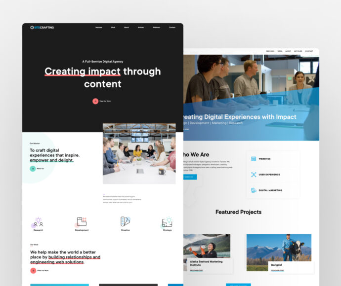 Side by side screenshots of the new SiteCrafting website home page next to the previous website home page.