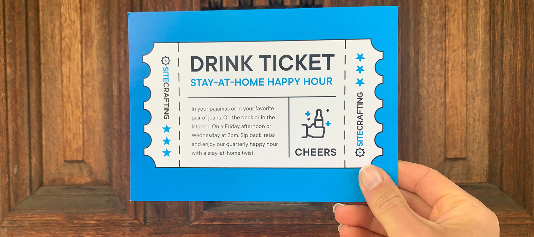 Post card titled Drink Ticket, stay at home happy hour.