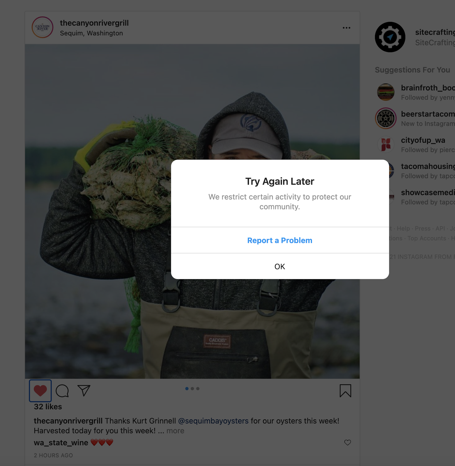 Screenshot of an instagram pop up that reads try again later.