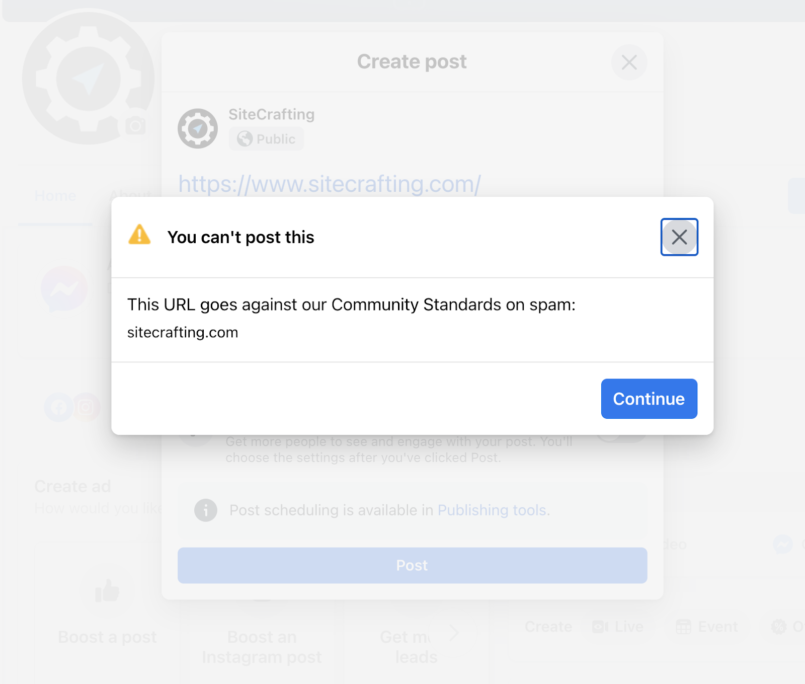 Screenshot of a Twitter pop up that says You can't post this, this URL goes against our Community Standards on spam: sitecrafting.com