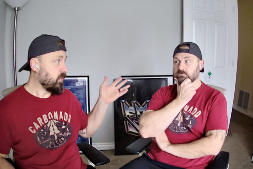 A photoshopped image of two Kirks talking to each other side by side